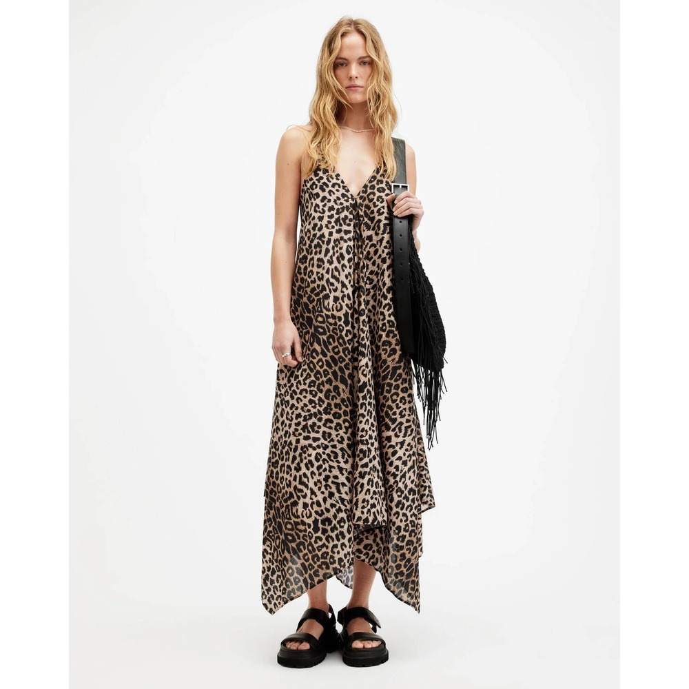 AllSaints Lil Leopard Cotton Asymmetric Maxi Dress 10 Beachy Modern Indie Sleaze